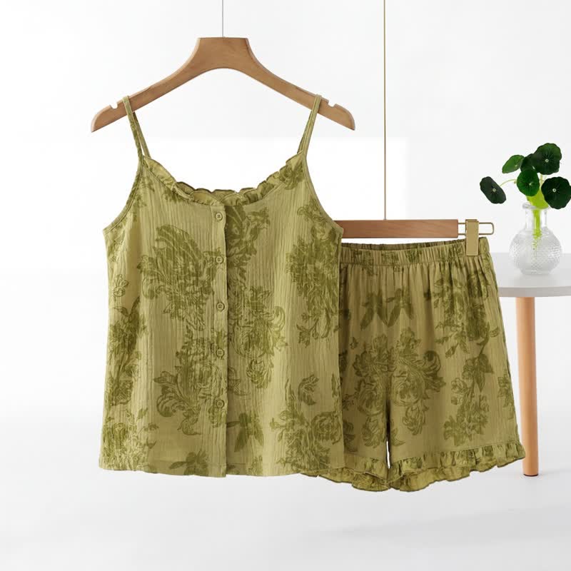 Vintage Green Leaf Sleeveless Pajama Set - Green - XXL - image 0