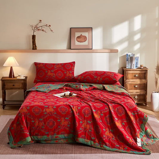 Cotton Gauze Vintage Horse Jacquard Quilt - Bedding Set - King - image 0