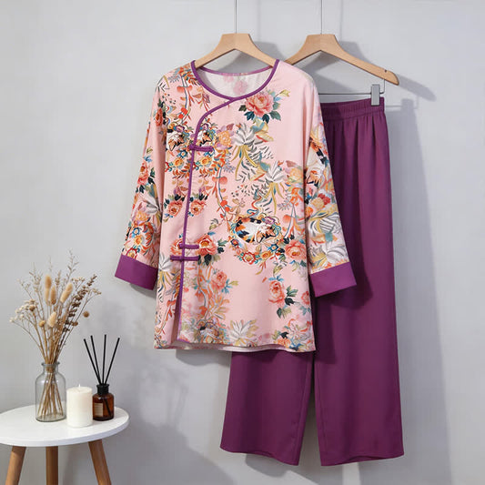 Floral & Cat Eastern-Inspired Loungewear Set - Pink - M - image 0