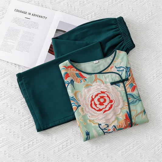 Retro Floral Eastern-Inspired Loungewear Set - Green - M - image 0