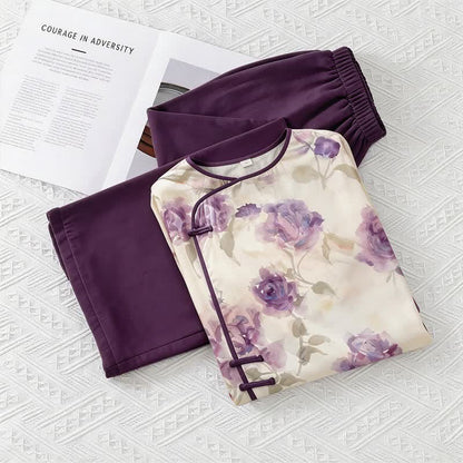 Watercolor Purple Floral Eastern-Inspired Pajama Set - Purple - M - image 0
