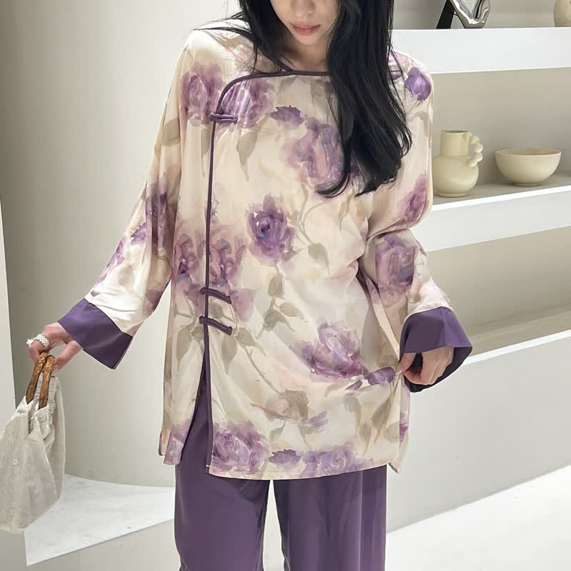 Watercolor Purple Floral Eastern-Inspired Pajama Set - image 1