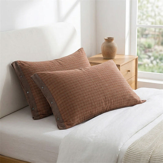 Mini Plaid Button Cotton Pillowcases (2PCS) - Red&Brown - 52cm x 76cm - image 0