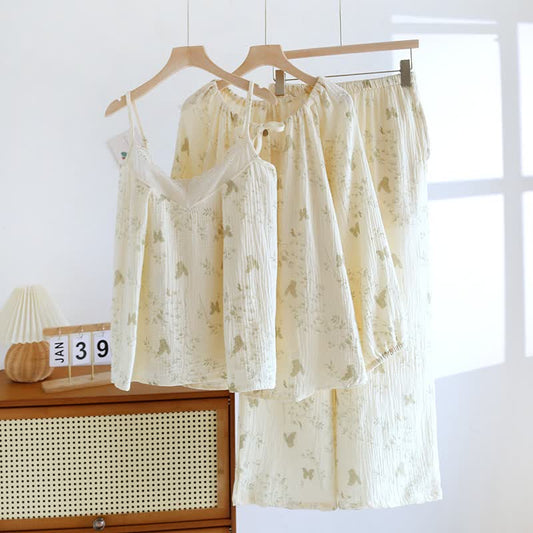 Butterfly & Leaf Pure Cotton Loungewear Set(3PCS) - Beige - XL - image 0