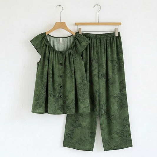 Green Floral Ruffle Sleeve Loungewear Set - Green - XXL - image 0