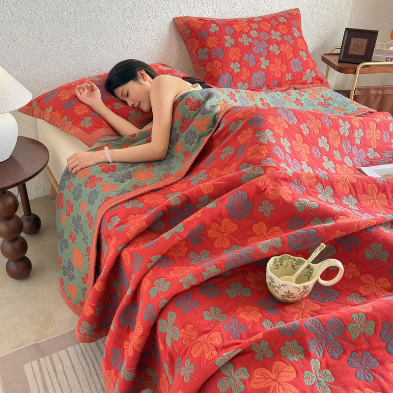 Four-leaf Clover Cotton Gauze Quilt Blanket - Quilt with 2PCS Pillow Towels - King - image 0