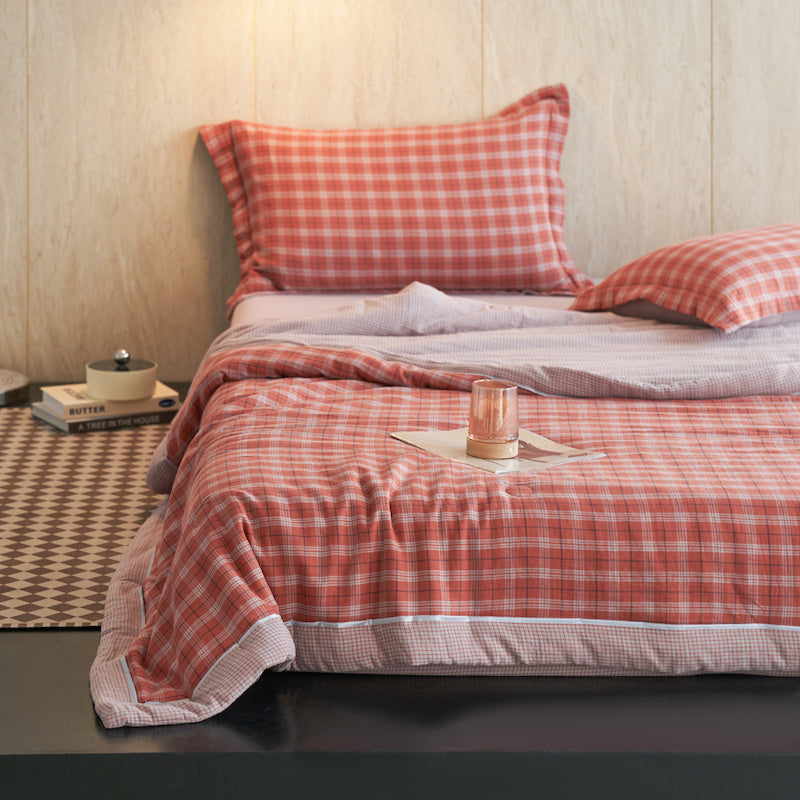Ownkoti Gingham Pure Cotton Quilt Set - Light Red - Bedding Set - King - image 10