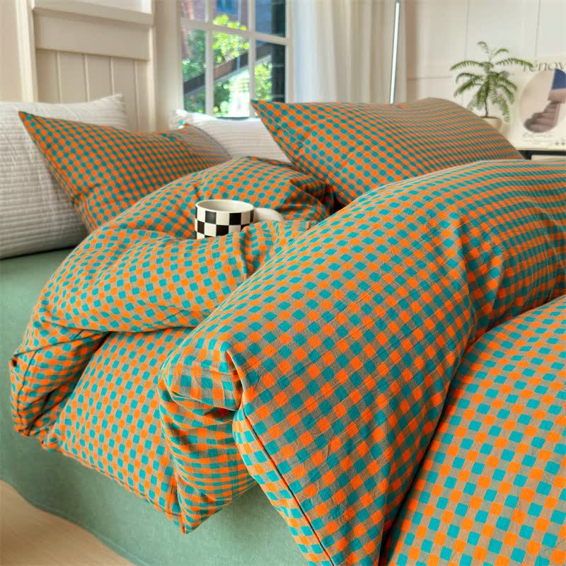 Small Check Gingham Cotton Bedding Set - Orange & Green - 2PCS Pillowcases - 19" x 29" - image 11
