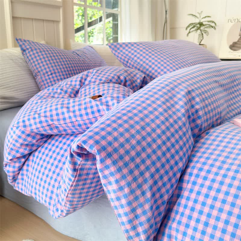 Small Check Gingham Cotton Bedding Set - Blue & Purple - 2PCS Pillowcases - 19" x 29" - image 5