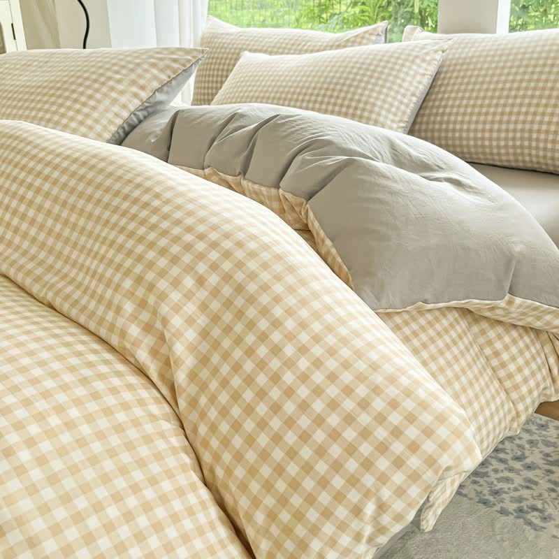 Pastel Gingham Pure Cotton Bedding Set - Yellow - Bedding Set - King - image 6