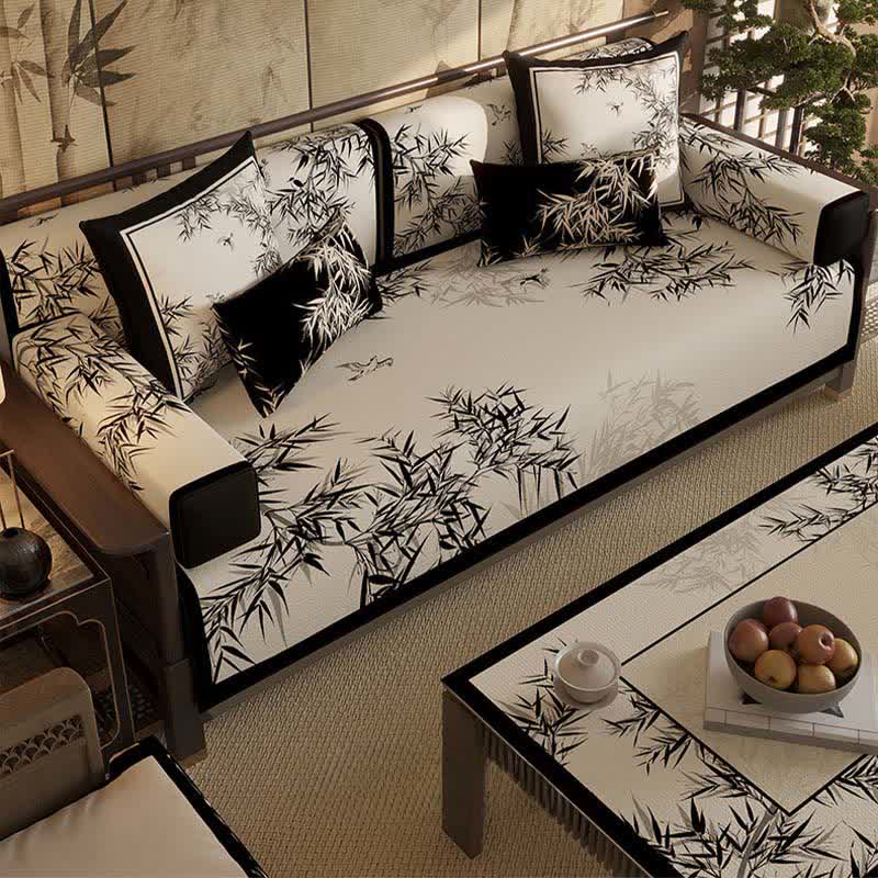 Vintage Oriental Bamboo Leaf Sofa Slipcover - image 1