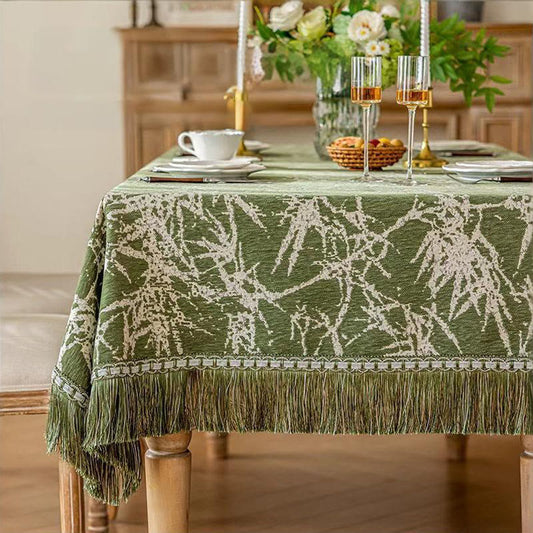 Vintage Bamboo Jacquard Tassel Tablecloth - 112" - Round - Green - image 0