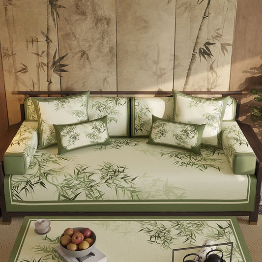 Vintage Green Bamboo Leaf Sofa Slipcover - Sofa Protector - 43" x 110" - image 0