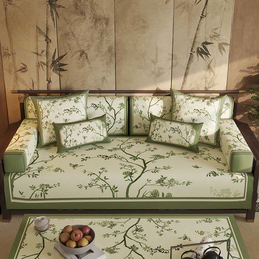 Vintage Green Branch & Floral Sofa Slipcover - Sofa Protector - 43" x 110" - image 0