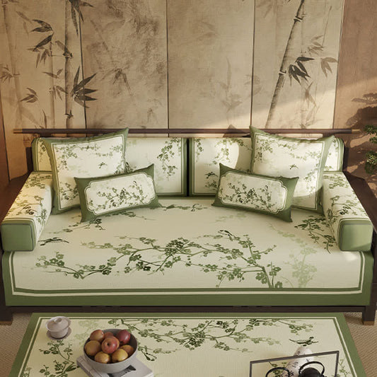 Vintage Green Plum Blossom Sofa Slipcover - Sofa Protector - 43" x 110" - image 0