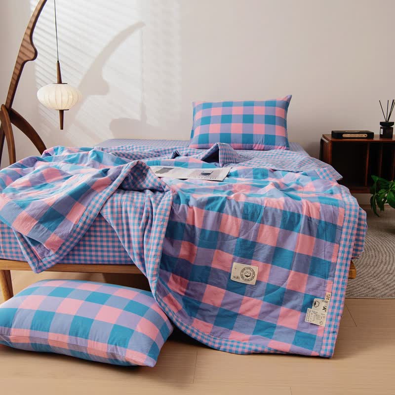 Yarn-dyed Plaid Pure Cotton Vintage Bedding - Blue & Pink - Bedding Set - King - image 11
