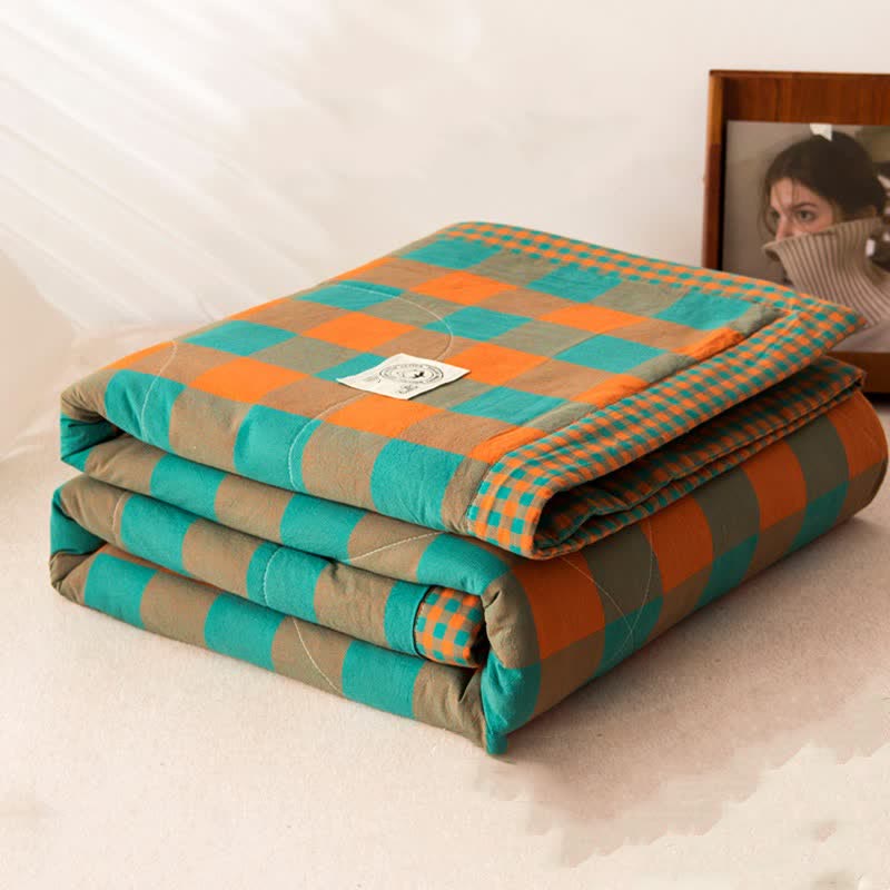 Yarn-dyed Plaid Pure Cotton Vintage Bedding - Green & Orange - Quilt - King - image 3