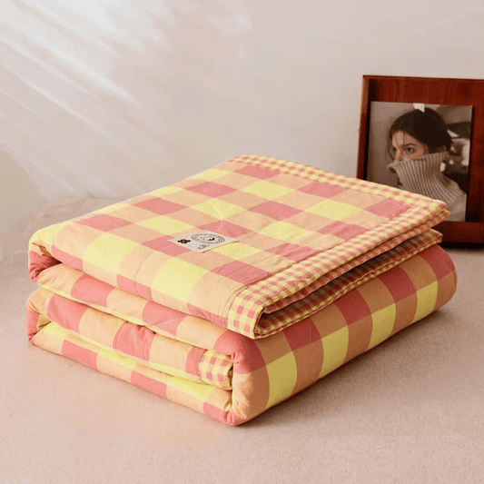 Yarn-dyed Plaid Pure Cotton Vintage Bedding - Yellow & Coral Pink - Quilt - King - image 0