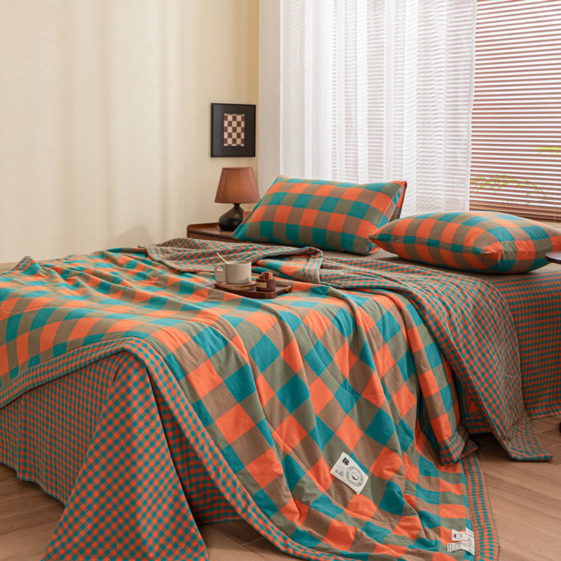 Yarn-dyed Plaid Pure Cotton Vintage Bedding - Green & Orange - Bedding Set - King - image 4