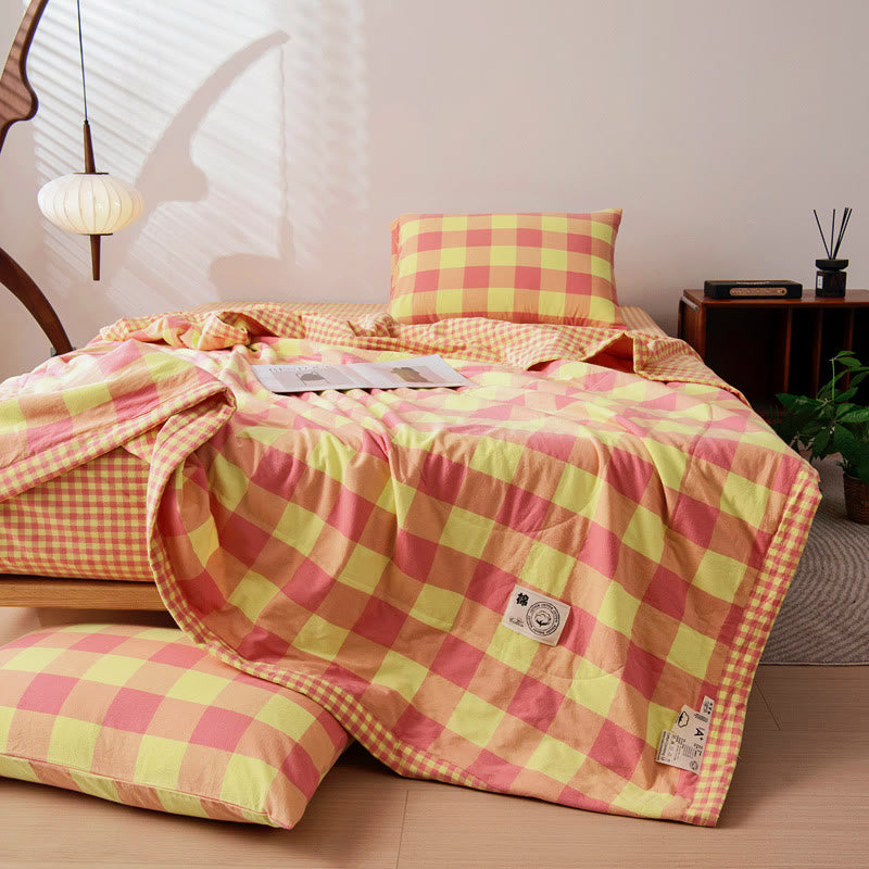 Yarn-dyed Plaid Pure Cotton Vintage Bedding - Yellow & Coral Pink - Bedding Set - King - image 1