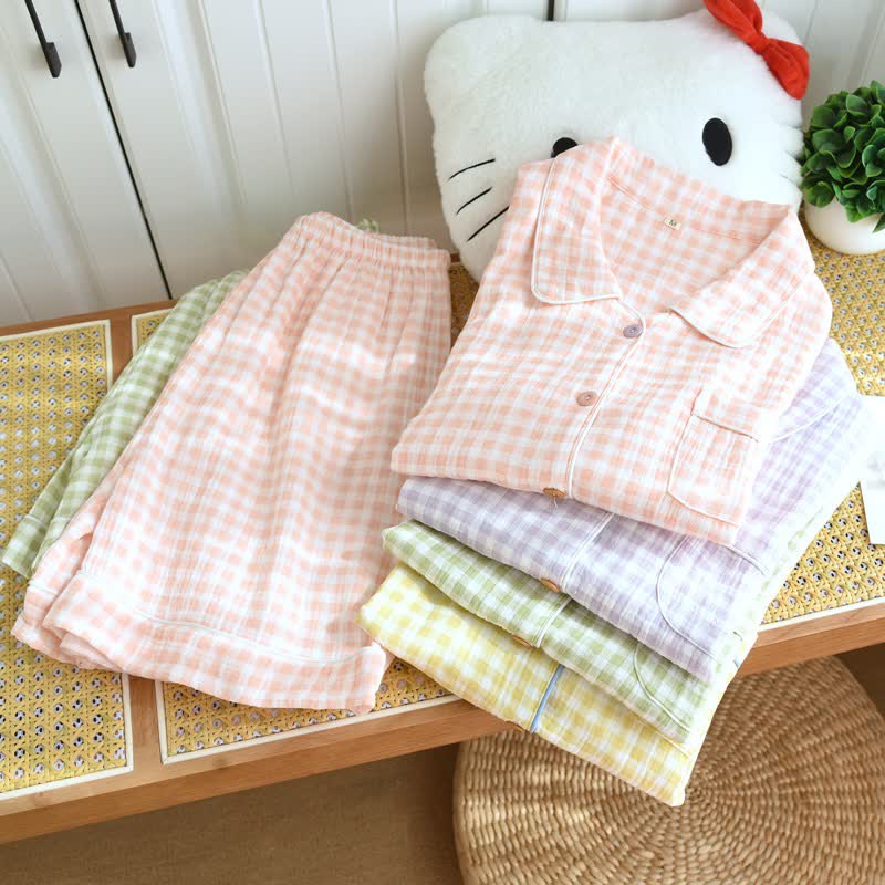 Gingham Cotton Gauze Pajamas with Colorful Buttons - image 1
