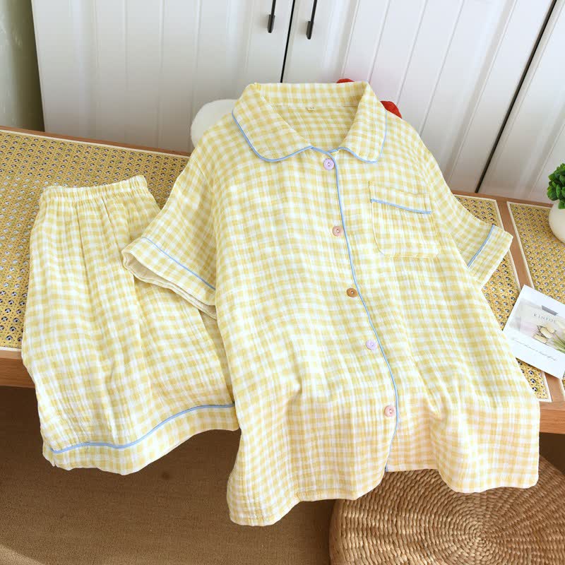 Gingham Cotton Gauze Pajamas with Colorful Buttons - Yellow - XL - image 15