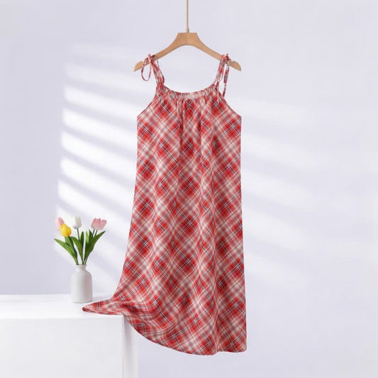 Red Plaid Tie Straps Nightgown - Red - 2XL - image 0