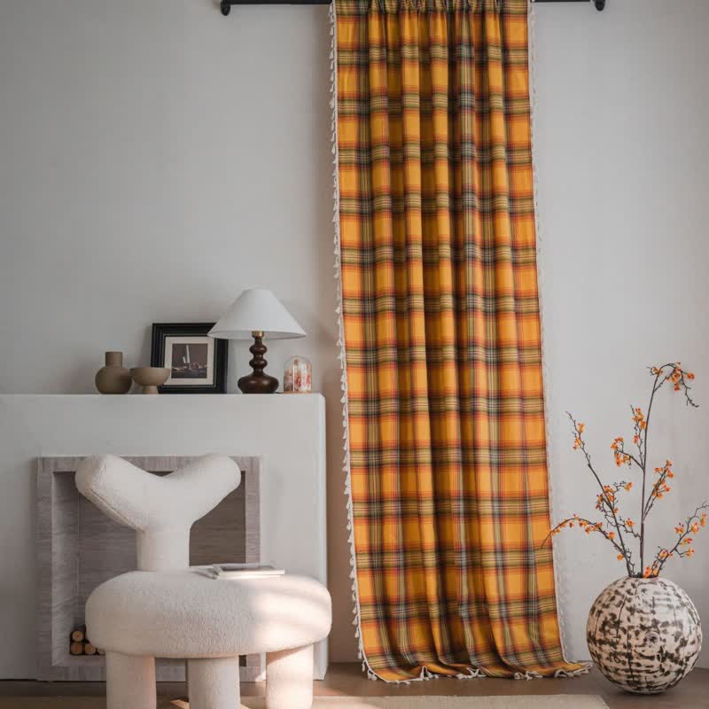 Farmhouse Style Orange Plaid Tassel Curtain - image 2