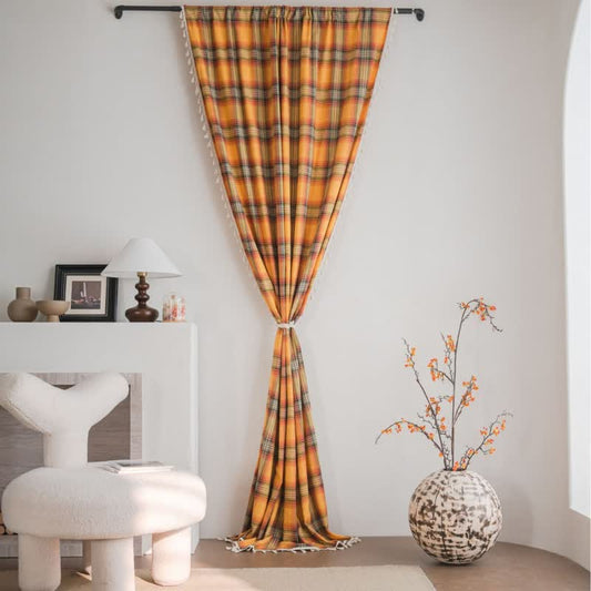 Farmhouse Style Orange Plaid Tassel Curtain - image 0