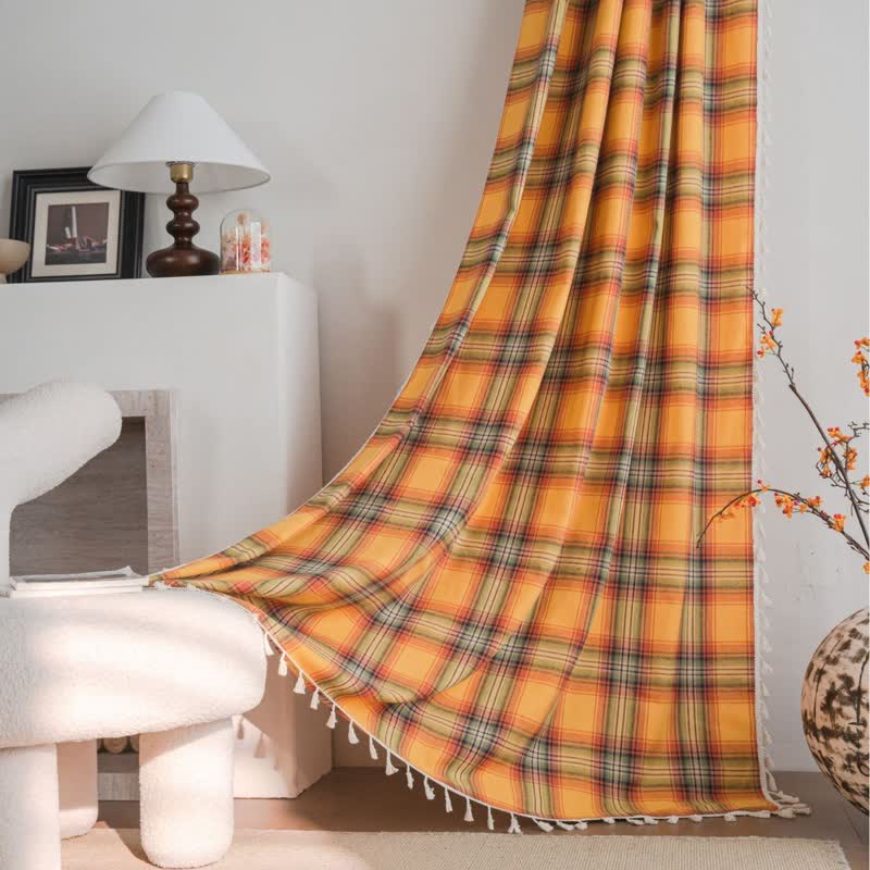 Farmhouse Style Orange Plaid Tassel Curtain - Grommet - 59" x 110" - image 1