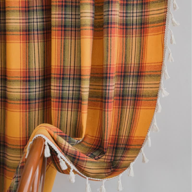 Farmhouse Style Orange Plaid Tassel Curtain - image 3