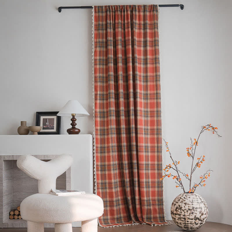 Farmhouse Style Rust Red Plaid Tassel Curtain - image 2