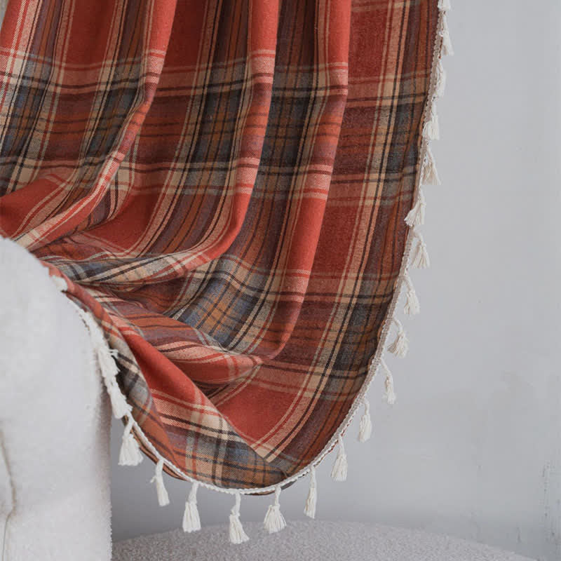 Farmhouse Style Rust Red Plaid Tassel Curtain - image 4