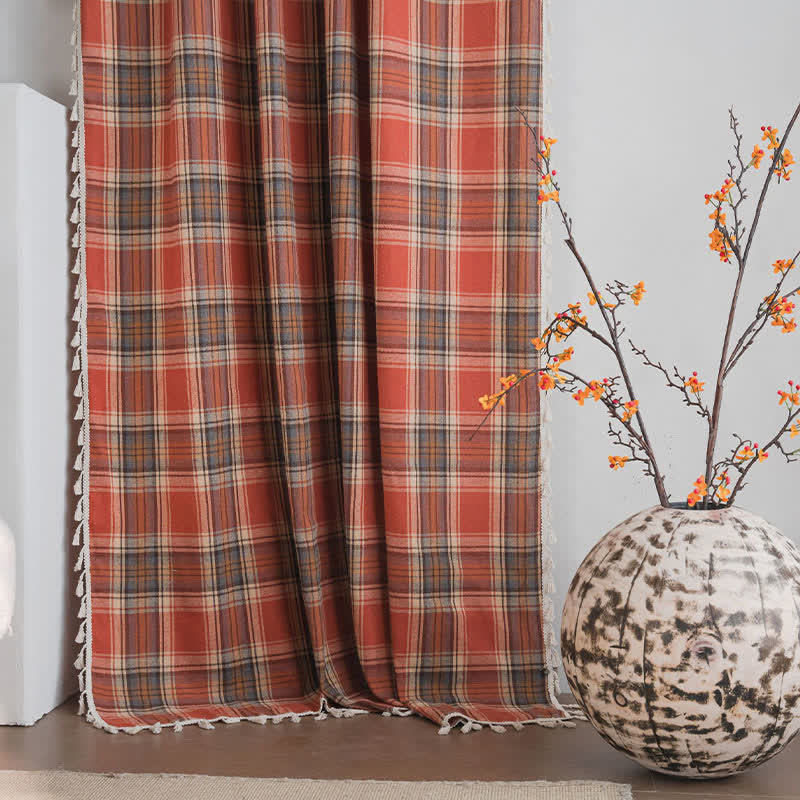Farmhouse Style Rust Red Plaid Tassel Curtain - image 3