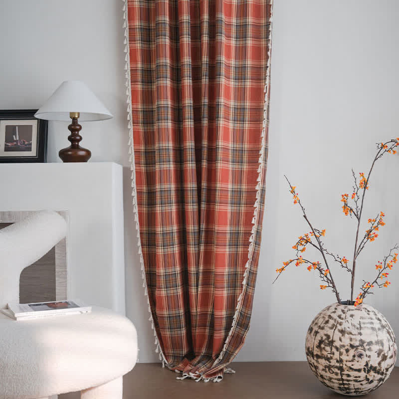 Farmhouse Style Rust Red Plaid Tassel Curtain - image 5