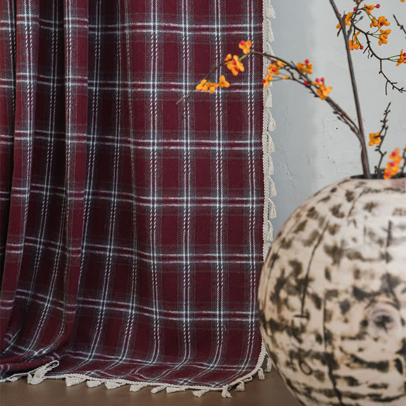 Vintage Style Burgundy Plaid Tassel Curtain - image 7