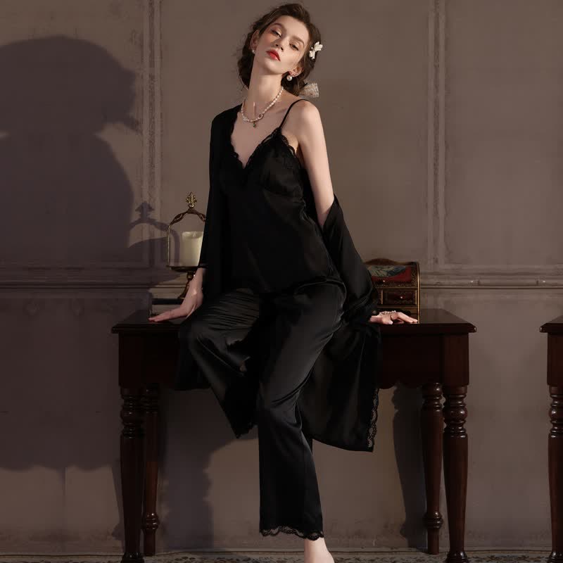 Elegant Silky Lace Trim Loungewear Set(3PCS) - image 5