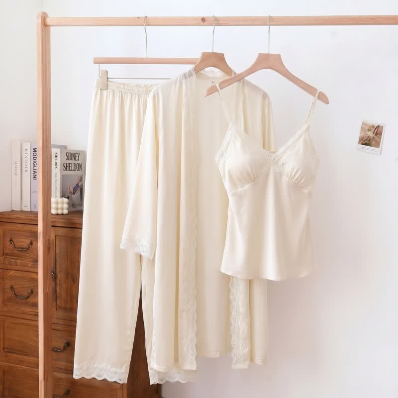 Elegant Silky Lace Trim Loungewear Set(3PCS) - Beige - XL - image 6