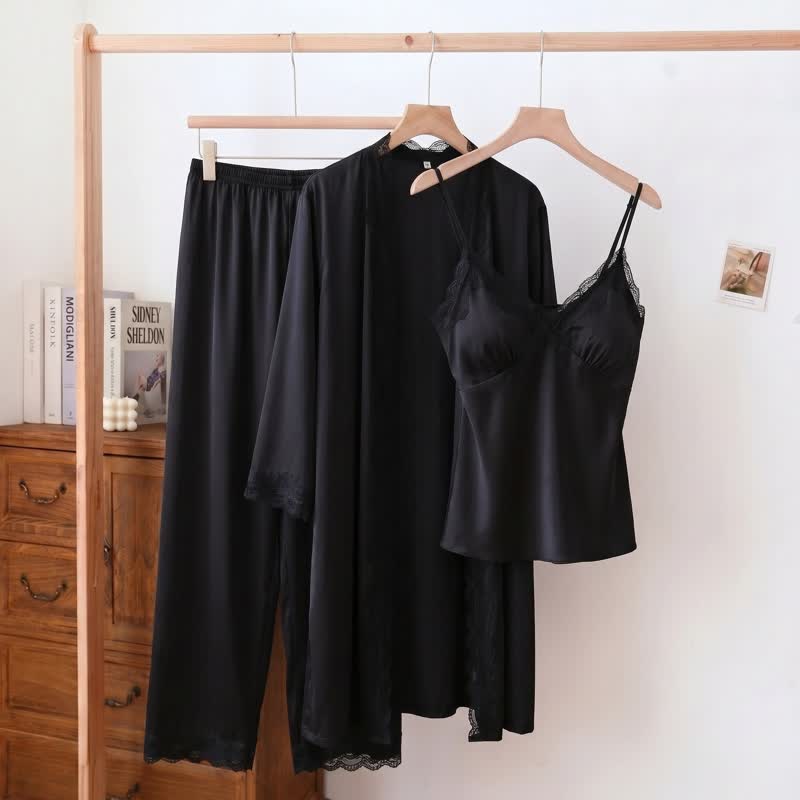 Elegant Silky Lace Trim Loungewear Set(3PCS) - Black - XL - image 3