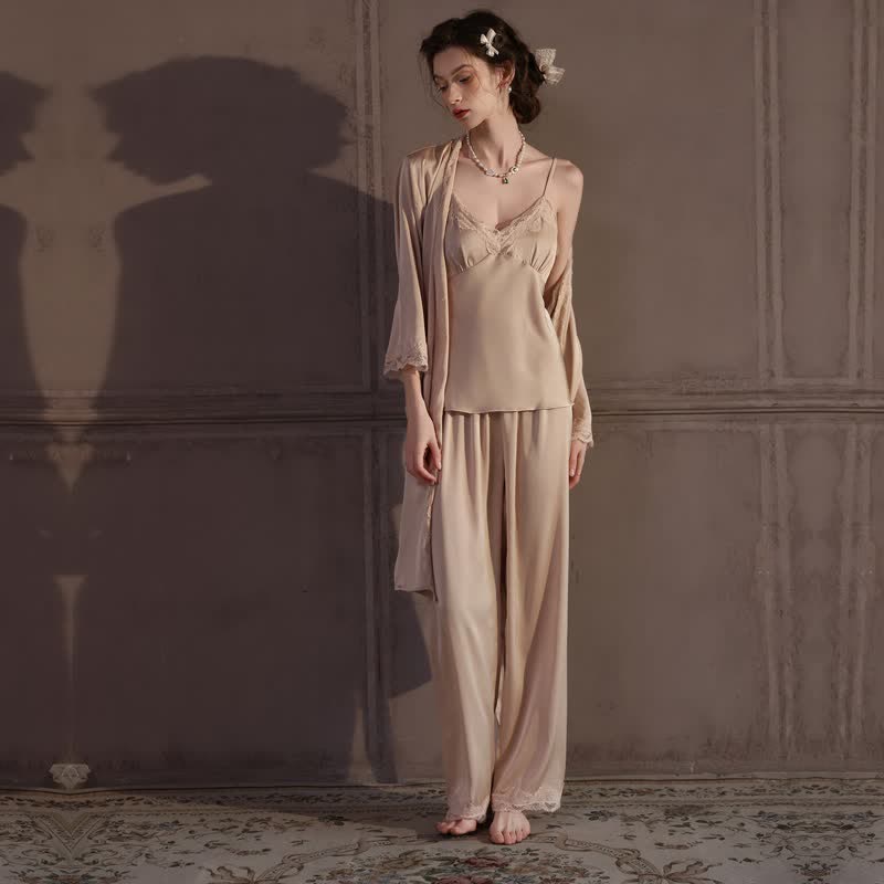 Elegant Silky Lace Trim Loungewear Set(3PCS) - image 10