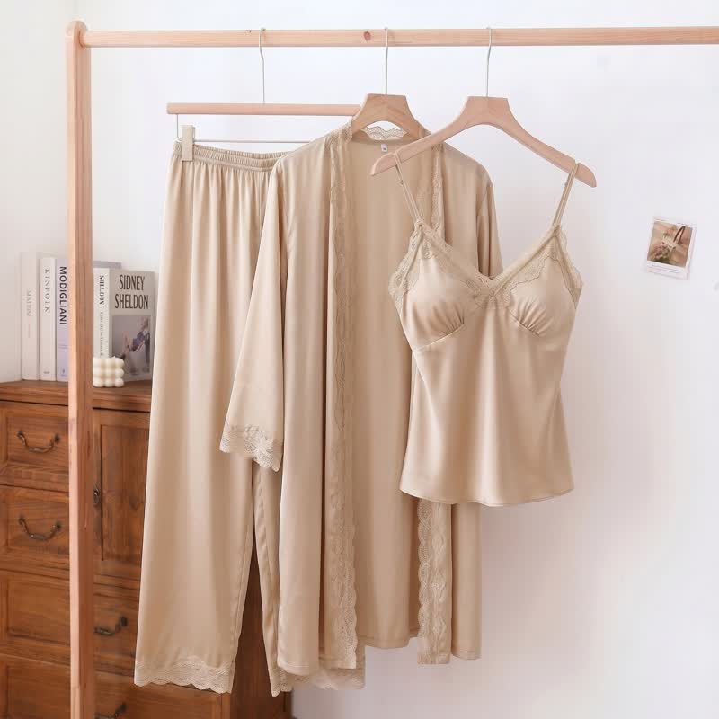 Elegant Silky Lace Trim Loungewear Set(3PCS) - Champagne - XL - image 9