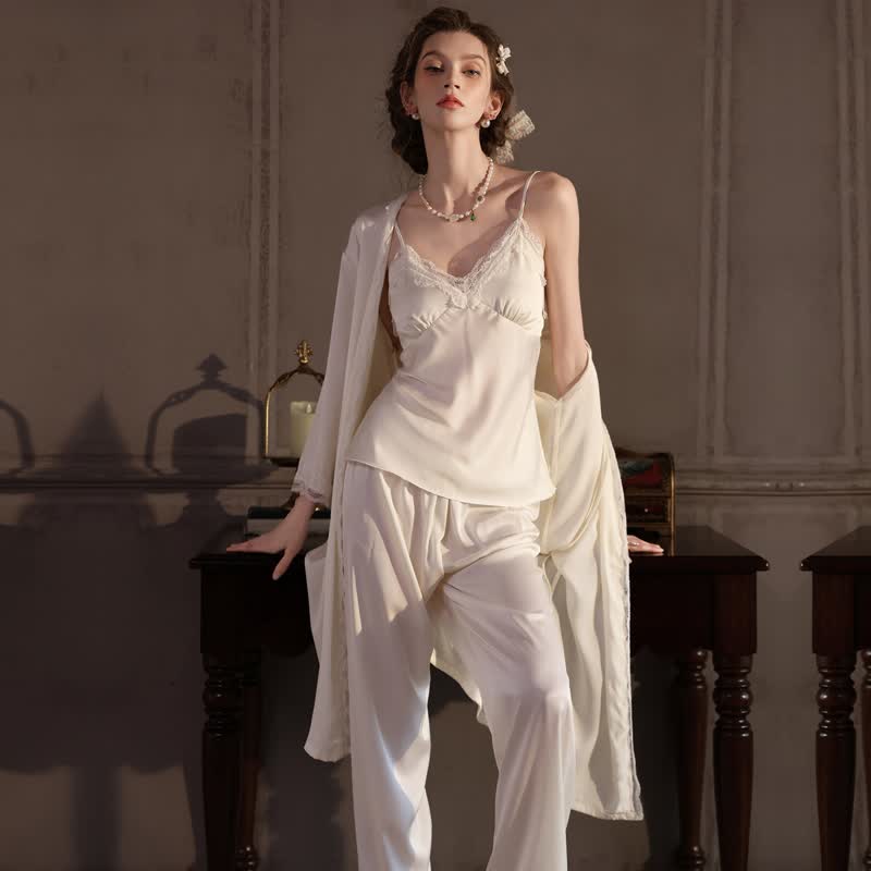 Elegant Silky Lace Trim Loungewear Set(3PCS) - image 8