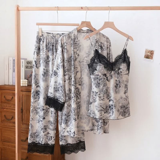 Elegant Black Floral Lace Camisole Robe Set(3PCS) - White - XL - image 0