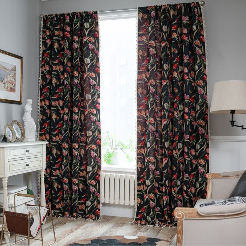 Tulip Floral Jacquard Curtain with Tassel - Grommet - 59" x 118" - image 0