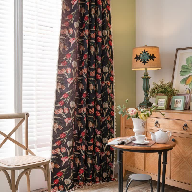 Tulip Floral Jacquard Curtain with Tassel - image 1