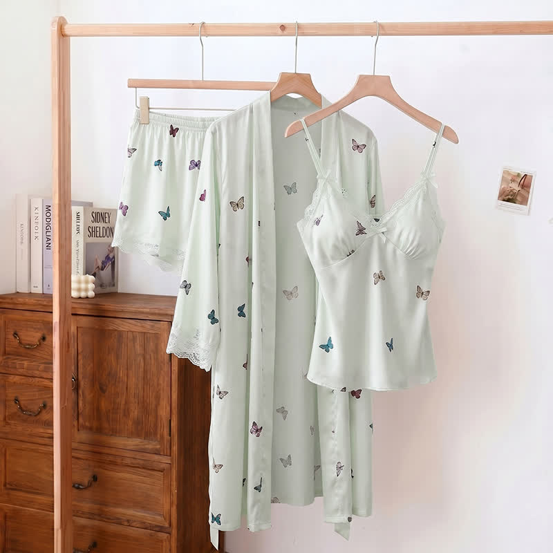 Butterfly Silky Lace Trim Cami Pajama Set - Green - Cami & Shorts & Robe - XL - image 10