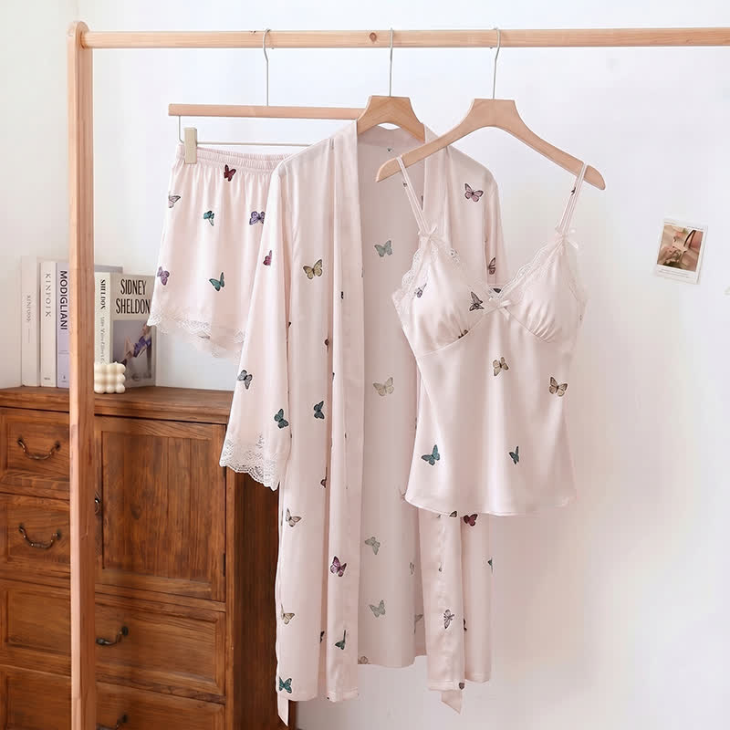 Butterfly Silky Lace Trim Cami Pajama Set - Pink - Cami & Shorts & Robe - XL - image 5