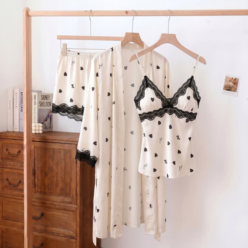 Heart & Bow Lace Trim Cami Pajama Set(3PCS) - White - XL - image 0