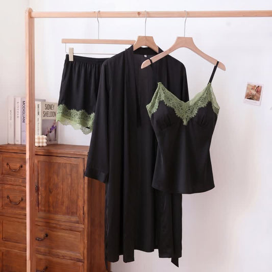 Solid V-Neck Lace Trim Cami Pajama Set(3PCS) - Black - XL - image 0