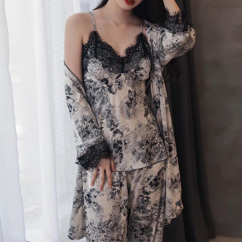 Elegant Black Floral Lace Camisole Robe Set(3PCS) - image 1